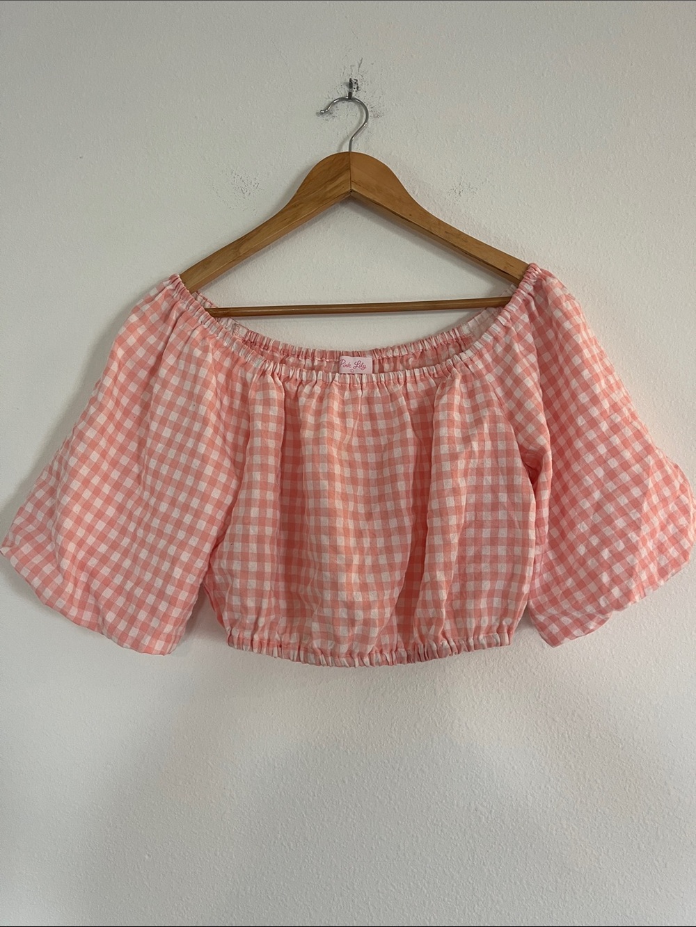 Pink Lily Pink Gingham Puff Sleeve Crop Top